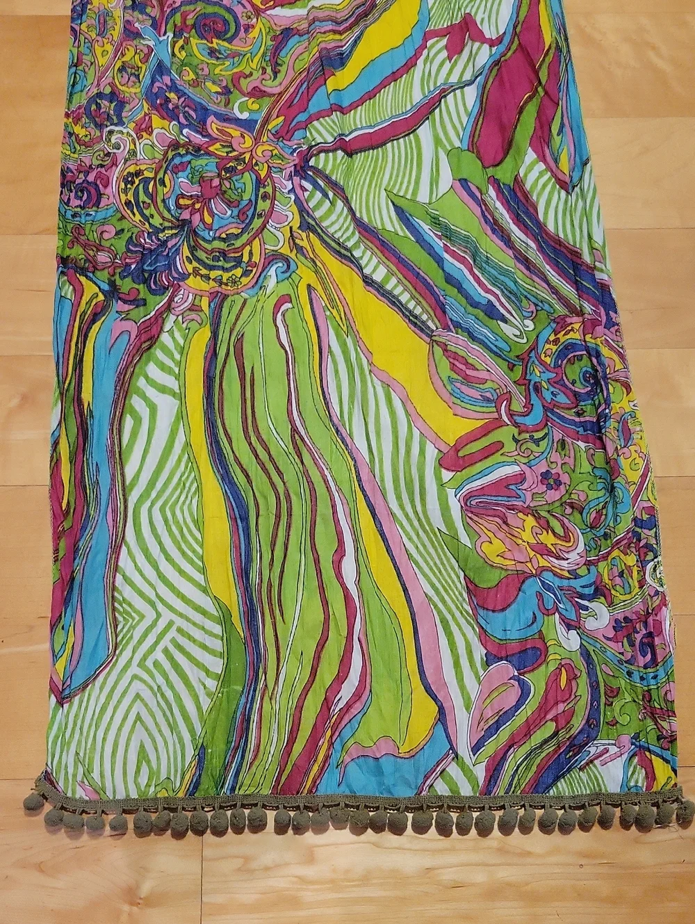 Vintage Colorful Cotton Scarf Wrap With Pompoms From Thailand 65x18in